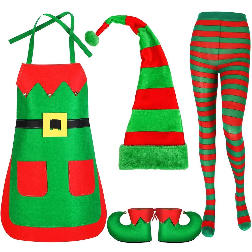 3917 4 Pcs Christmas Elf Costume Set Elf Apron Santa Elf Hats Green and Red